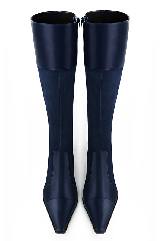 Navy blue women's riding knee-high boots. Tapered toe. Low leather soles. Made to measure. Top view - Florence KOOIJMAN